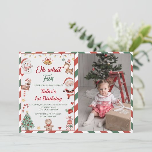 おおおもしろい!クリスマスサンタ1st誕生日の写真 招待状 (スタンド正面)