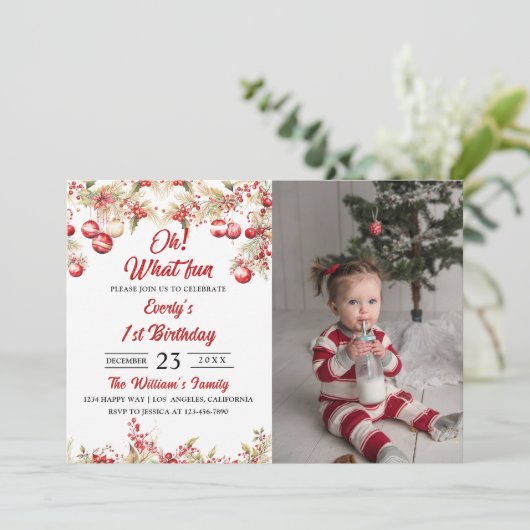 おおおもしろい!クリスマスフローラ誕生日パーティーの写真 招待状 (スタンド正面)