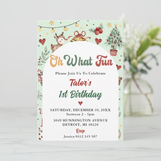 おおおもしろい!クリスマス・トナカイ1歳の誕生日 招待状 (スタンド正面)