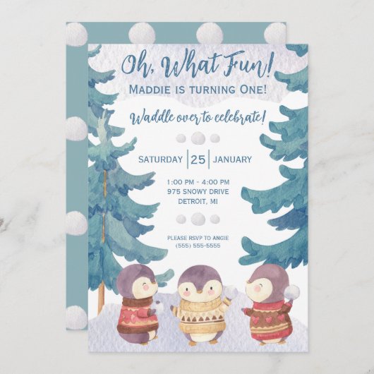 おおおもしろい!ペンギンスノーボールファイト誕生日 招待状 (正面/裏面)