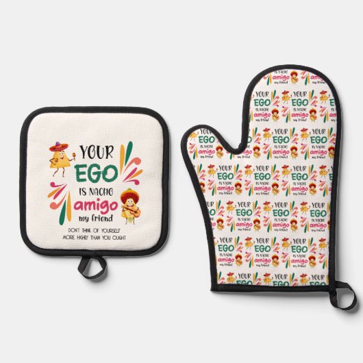 おおもしろい前のエゴはナチョアミゴカスタム文字 鍋つかみ&鍋敷きセット (正面)