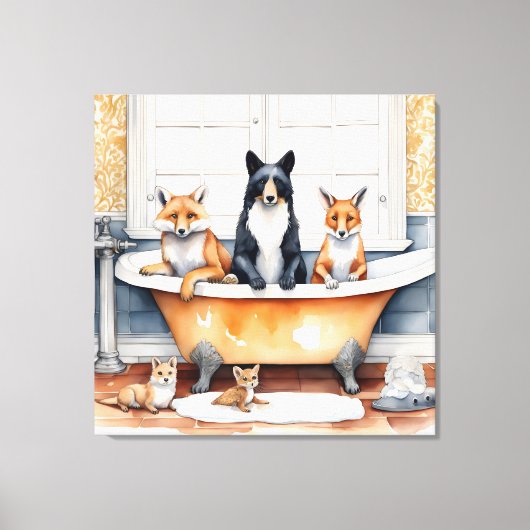 おおもしろい風呂に入る動物 キャンバスプリント (正面)