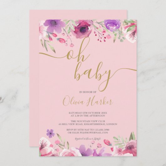 おおベビーピンクの草生の花ベビーシャワー/スプリンクル 招待状 (正面/裏面)