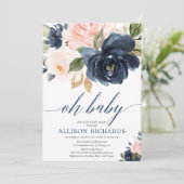 おおベビーフローラピンクとネイビーブルーの少女のベビーシャワー 招待状 (スタンド正面)