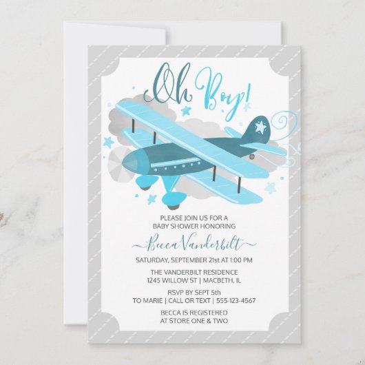 おおボーイヴィンテージ飛行機のベビーシャワー青と灰色 招待状 (正面)