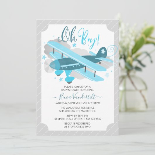 おおボーイヴィンテージ飛行機のベビーシャワー青と灰色 招待状 (スタンド正面)