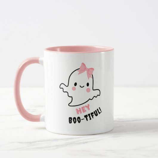 おおーい!可愛い幽霊とピンクボウハロウィーン マグカップ (左)