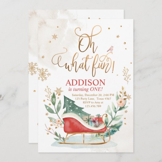 おお何おもしろい·ウィンタースレイ1歳の誕生日招待状 招待状 (正面/裏面)