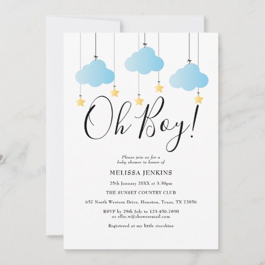 おお坊ちゃんブルーきらめく赤ちゃんシャワー |振りかける 招待状 (正面)