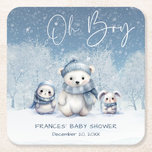 おお坊やの冬 | ウッドランド赤ちゃんシャワー スクエアペーパーコースター (正面)