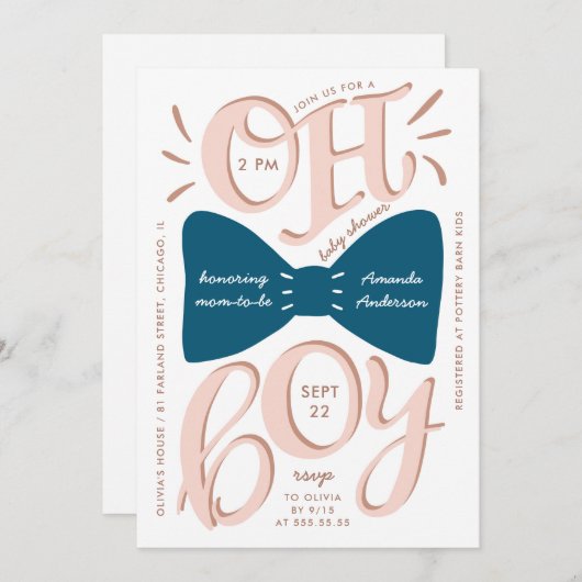 おお坊や。ブルーボウタイモダンタイポグラフィベビースシャワー 招待状 (正面/裏面)