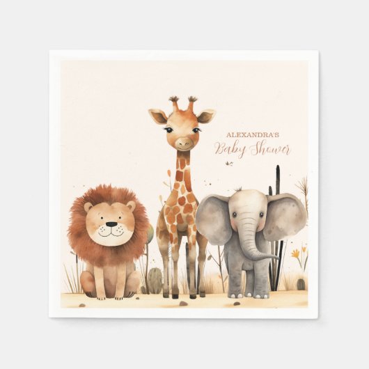 おお少年かわいいサファリ動物の緑の赤ちゃんシャワー スタンダードカクテルナプキン (正面)