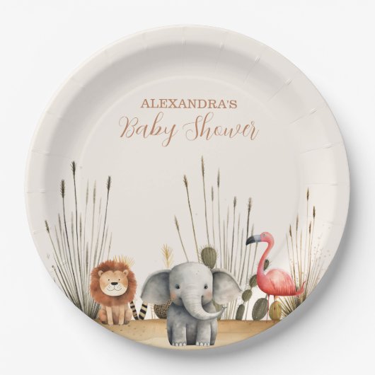 おお少年かわいいサファリ動物の緑の赤ちゃんシャワー ペーパープレート (正面)