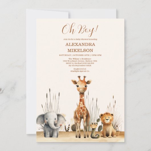 おお少年かわいいサファリ動物の緑の赤ちゃんシャワー 招待状 (正面)