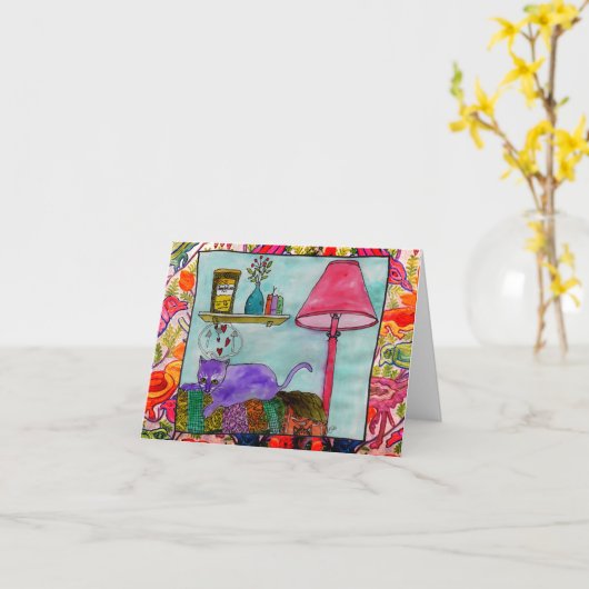 おお洒落おもしろいよび絵画猫のグリーティングカード カード (黄色い花)