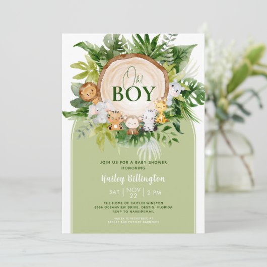 おお男の子かわいいサファリジャングルの水の色ベビーシャワー 招待状 (スタンド正面)