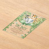 おお男の子かわいいサファリ動物の赤ちゃんシャワー アクリル招待状 (レイダウン)