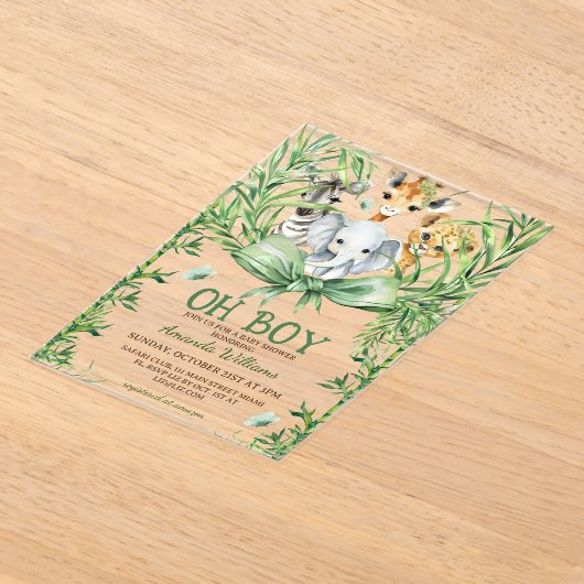 おお男の子かわいいサファリ動物の赤ちゃんシャワー アクリル招待状 (レイダウン)