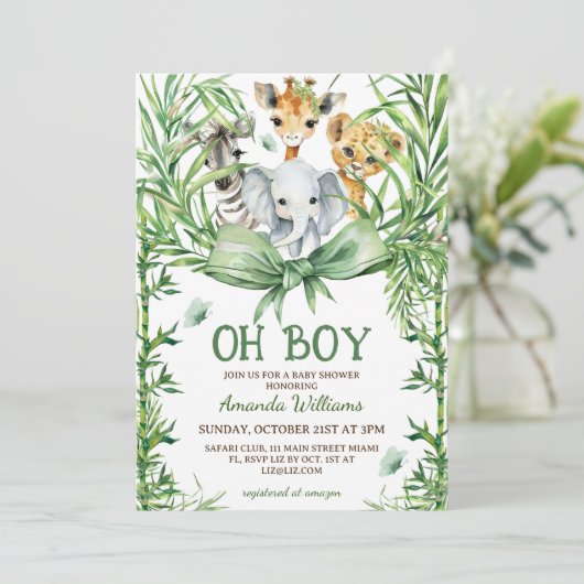 おお男の子かわいいサファリ動物の赤ちゃんシャワー 招待状 (スタンド正面)
