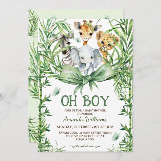 おお男の子かわいいサファリ動物の赤ちゃんシャワー 招待状 (正面/裏面)
