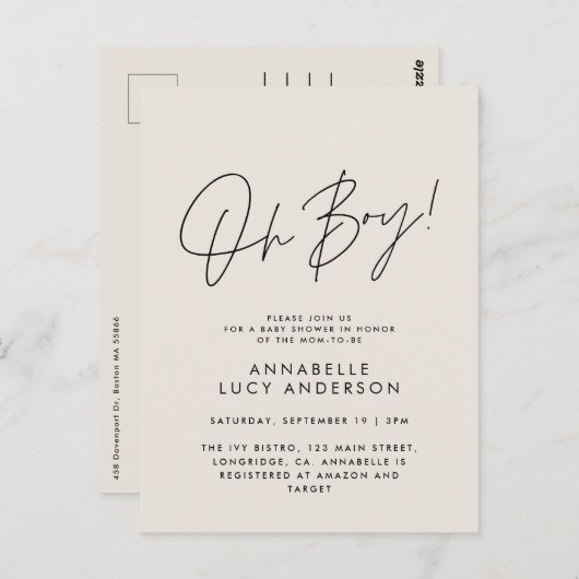 おお男の子のシャワーのスクリプトクリームエレガント ポストカード (正面/裏面)