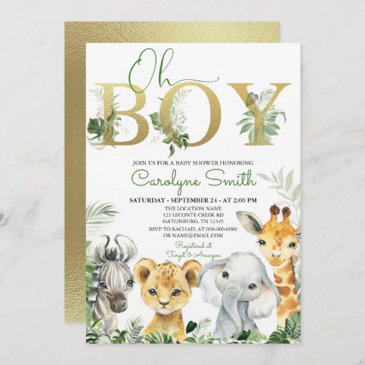 おお男の子の熱帯ジャングル動物ベビーシャワー 招待状 (正面/裏面)