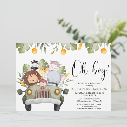 おお男の子サファリジャングル動物の男の子シャワー 招待状 (スタンド正面)