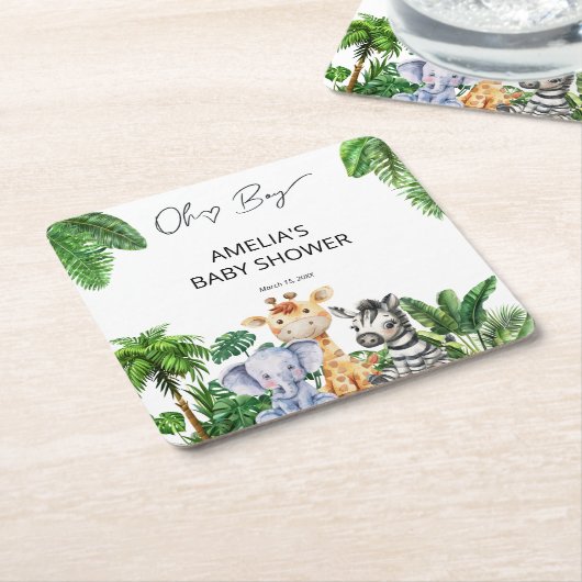 おお男の子ジャングル動物サファリ男の子の赤ちゃんシャワー スクエアペーパーコースター (アングル)