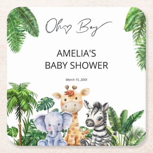 おお男の子ジャングル動物サファリ男の子の赤ちゃんシャワー スクエアペーパーコースター (正面)