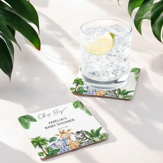 おお男の子ジャングル動物サファリ男の子の赤ちゃんシャワー スクエアペーパーコースター