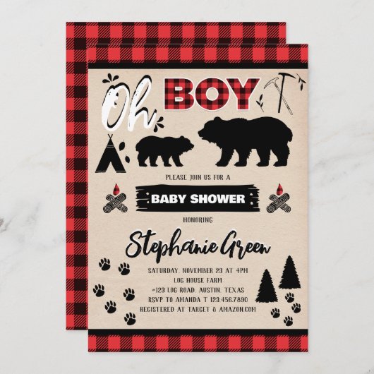 おお男の子ランバージャックベイビーシャワー 招待状 (正面/裏面)