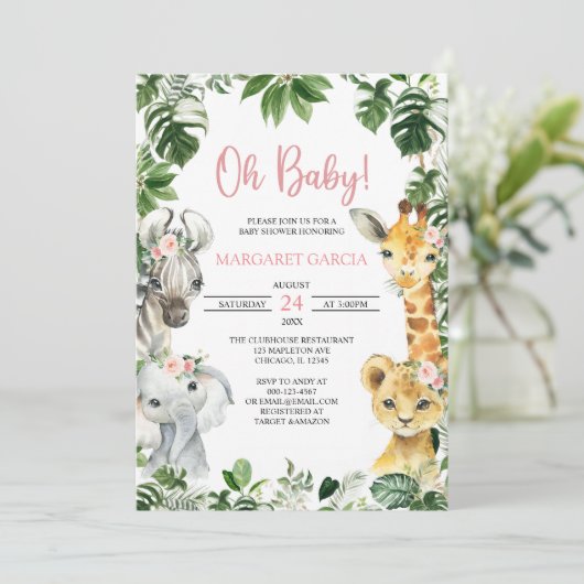 おお赤ちゃん女の子ジャングルサファリ動物のベビーシャワー 招待状 (スタンド正面)