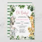 おお赤ちゃん女の子ジャングルサファリ動物のベビーシャワー 招待状 (正面/裏面)