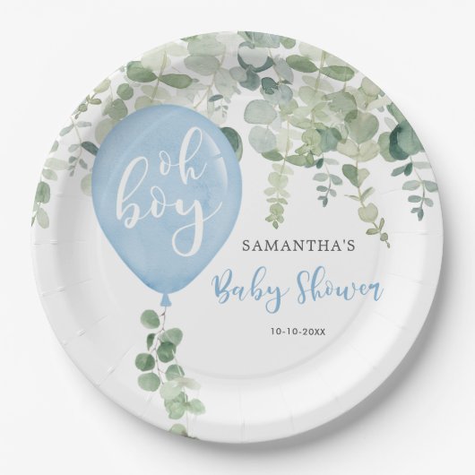 おお青気球の男の子の赤ちゃんシャワー緑 ペーパープレート (正面)