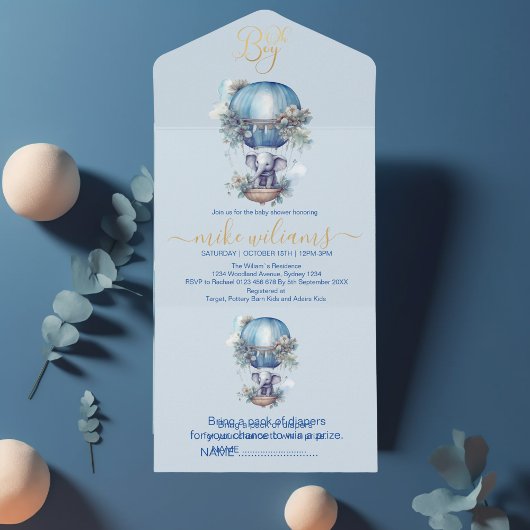 おお青水彩象の赤ちゃんシャワー オールインワン招待状