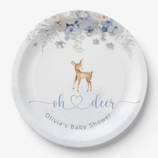おお鹿その男の子の冬の青い赤ちゃんシャワー ペーパープレート (正面)
