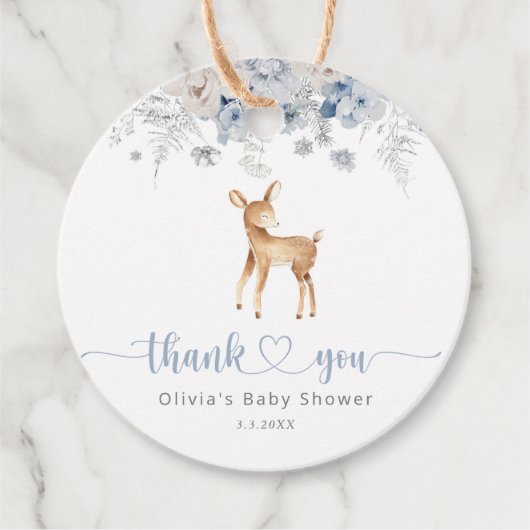 おお鹿の冬の青い男の子の赤ちゃんシャワー フェイバータグ (正面)