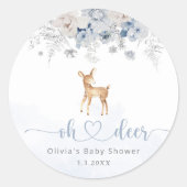 おお鹿の冬の青い男の子の赤ちゃんシャワー ラウンドシール (正面)