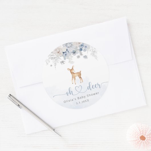 おお鹿の冬の青い男の子の赤ちゃんシャワー ラウンドシール (封筒)