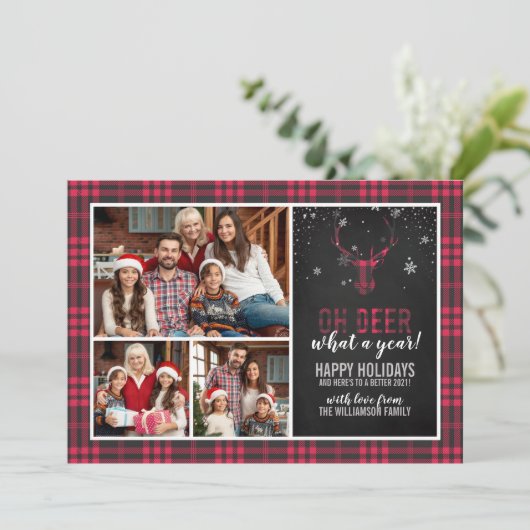 おお鹿1年! |赤いプレイド3写真のクリスマス 招待状 (スタンド正面)