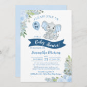 おお！かわいいゾウ青いフローラ赤ちゃんシャワー 招待状 (正面/裏面)