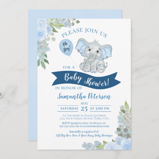 おお!かわいいゾウ青いフローラ赤ちゃんシャワー 招待状 (正面/裏面)
