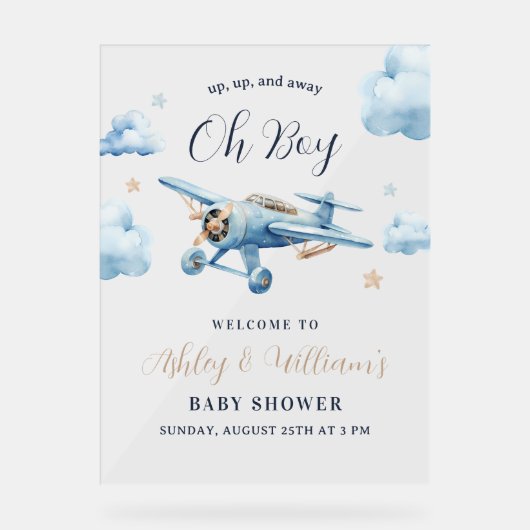 おお!アドベンチャー待ち飛行機ボーイベビーシャワー アクリルサイン (正面)