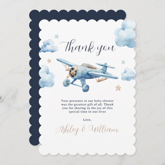 おお！アドベンチャー待ち飛行機ボーイベビーシャワー サンキューカード (正面/裏面)