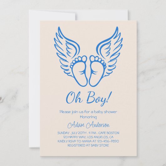 おお!エンジェルウィングス少年のための赤ちゃんシャワー 招待状 (正面)
