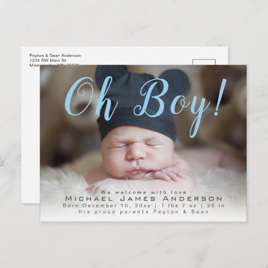 おお！スクリプトモダン男の赤ちゃんフォト誕生 案内ポストカード (正面/裏面)