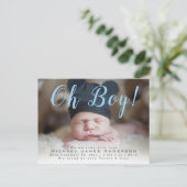おお！スクリプトモダン男の赤ちゃんフォト誕生 案内ポストカード (スタンド正面)