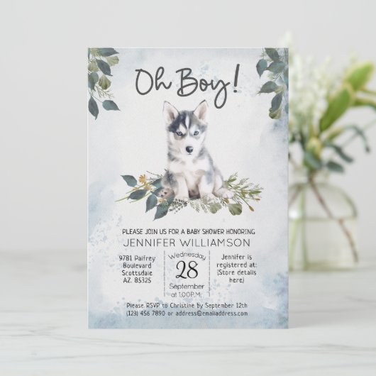 おお！ハスキーの子犬の水の色ベビーシャワーインビタ 招待状 (スタンド正面)