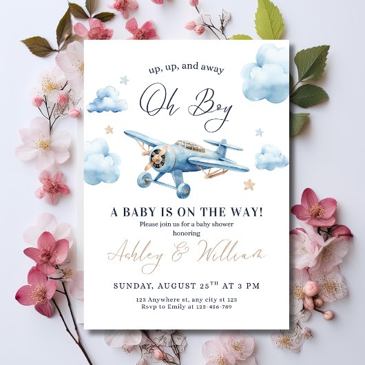 おお！冒険が待っているよ！飛行機の男の子ベビーシャワーパーティー 招待状