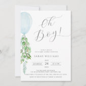 おお！少年よ、青い風船、ユーカリ、ベイビーシャワー 招待状 (正面)